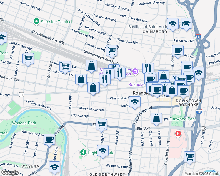 map of restaurants, bars, coffee shops, grocery stores, and more near 502 Rorer Avenue Southwest in Roanoke