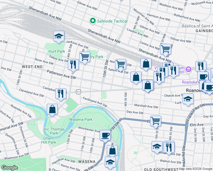 map of restaurants, bars, coffee shops, grocery stores, and more near 329-357 10th Street Southwest in Roanoke