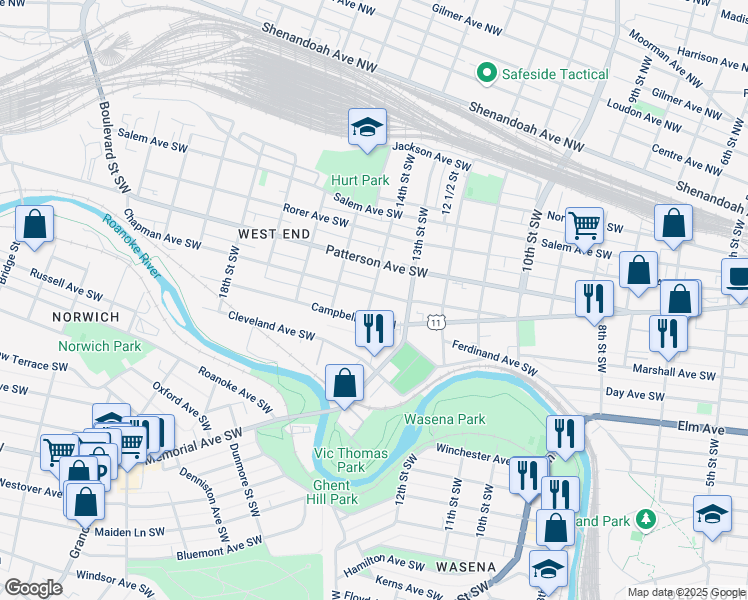 map of restaurants, bars, coffee shops, grocery stores, and more near 420 14th Street Southwest in Roanoke