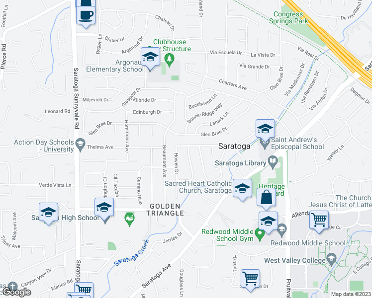 map of restaurants, bars, coffee shops, grocery stores, and more near 19980 Braemar Drive in Saratoga