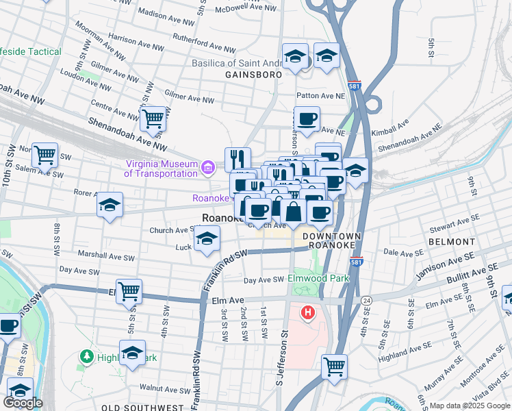 map of restaurants, bars, coffee shops, grocery stores, and more near 101 Campbell Avenue Southeast in Roanoke
