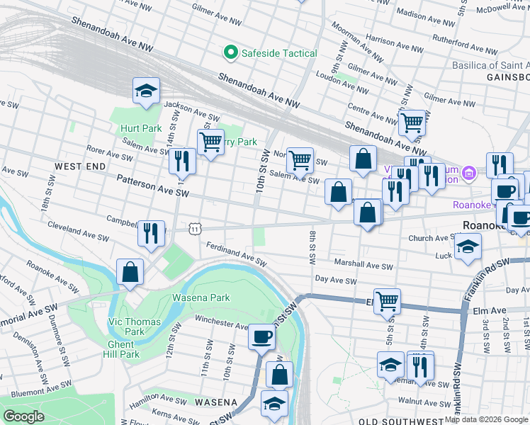 map of restaurants, bars, coffee shops, grocery stores, and more near 329-357 10th Street Southwest in Roanoke