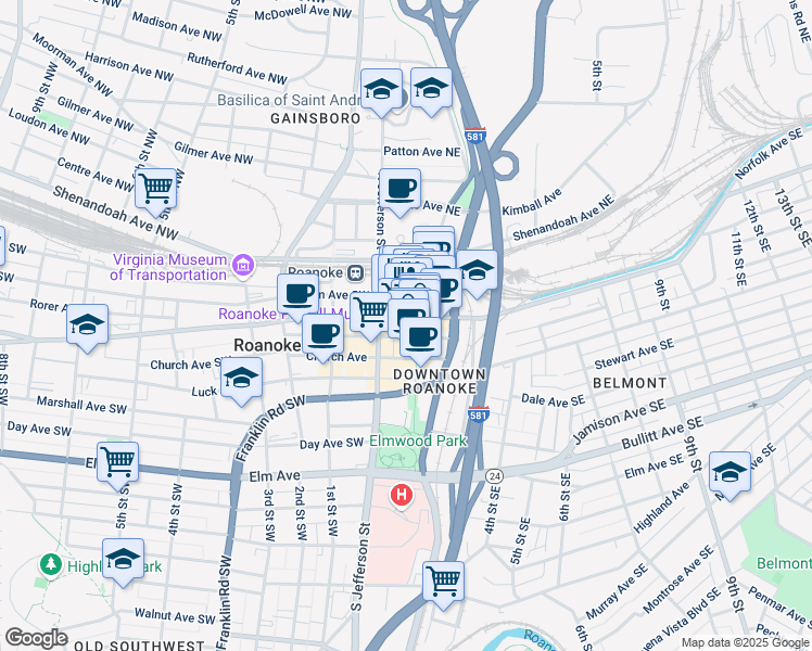 map of restaurants, bars, coffee shops, grocery stores, and more near 1 Market Square Southeast in Roanoke