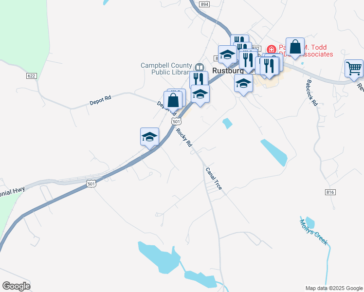 map of restaurants, bars, coffee shops, grocery stores, and more near 129 Rocky Road in Rustburg