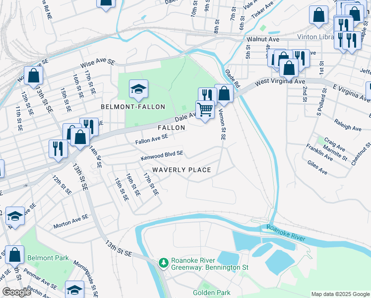 map of restaurants, bars, coffee shops, grocery stores, and more near 2002 Kenwood Boulevard Southeast in Roanoke