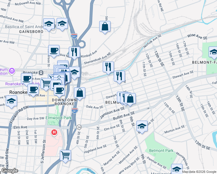 map of restaurants, bars, coffee shops, grocery stores, and more near 728 Tazewell Avenue Southeast in Roanoke