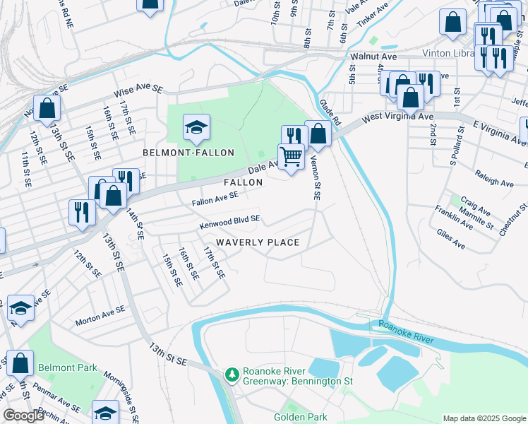 map of restaurants, bars, coffee shops, grocery stores, and more near 2002 Kenwood Boulevard Southeast in Roanoke