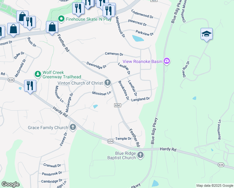 map of restaurants, bars, coffee shops, grocery stores, and more near 2130 Feather Road in Vinton