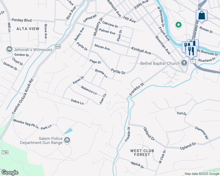 map of restaurants, bars, coffee shops, grocery stores, and more near 701 Bonnie Lane in Salem