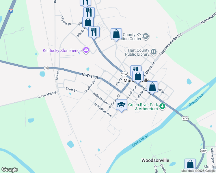 map of restaurants, bars, coffee shops, grocery stores, and more near 607 North West Street in Munfordville