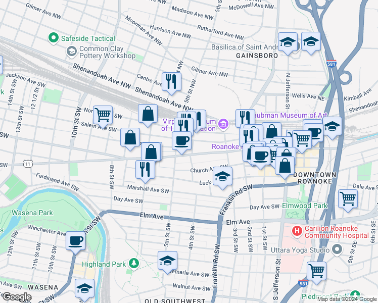 map of restaurants, bars, coffee shops, grocery stores, and more near 401 Campbell Avenue Southwest in Roanoke