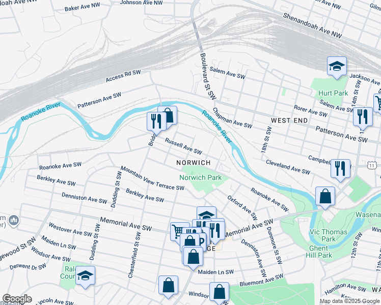 map of restaurants, bars, coffee shops, grocery stores, and more near 2130 Russell Avenue Southwest in Roanoke