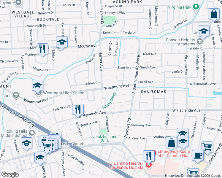 map of restaurants, bars, coffee shops, grocery stores, and more near 1430 Westmont Avenue in Campbell