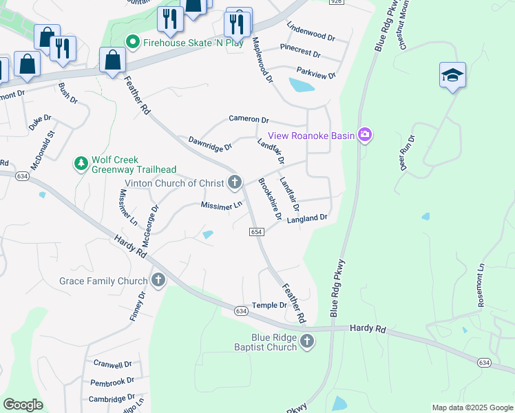 map of restaurants, bars, coffee shops, grocery stores, and more near 2130 Feather Road in Vinton