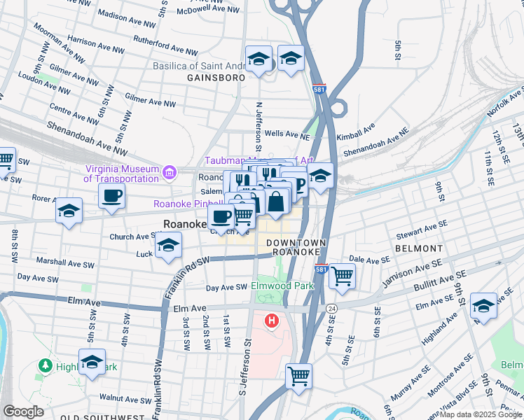 map of restaurants, bars, coffee shops, grocery stores, and more near Jefferson Street Southeast in Roanoke