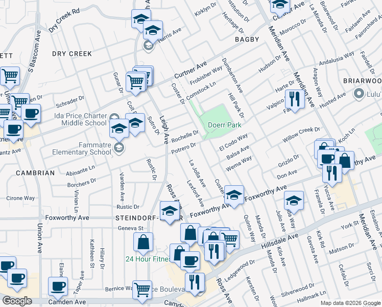 map of restaurants, bars, coffee shops, grocery stores, and more near 2772 La Jolla Avenue in San Jose