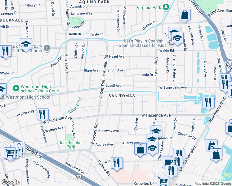 map of restaurants, bars, coffee shops, grocery stores, and more near in Campbell