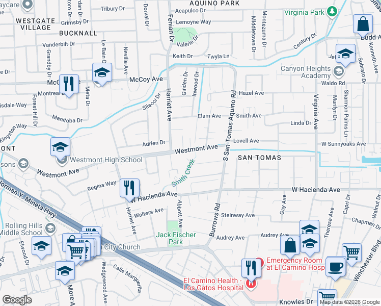 map of restaurants, bars, coffee shops, grocery stores, and more near 1429 Westmont Avenue in Campbell