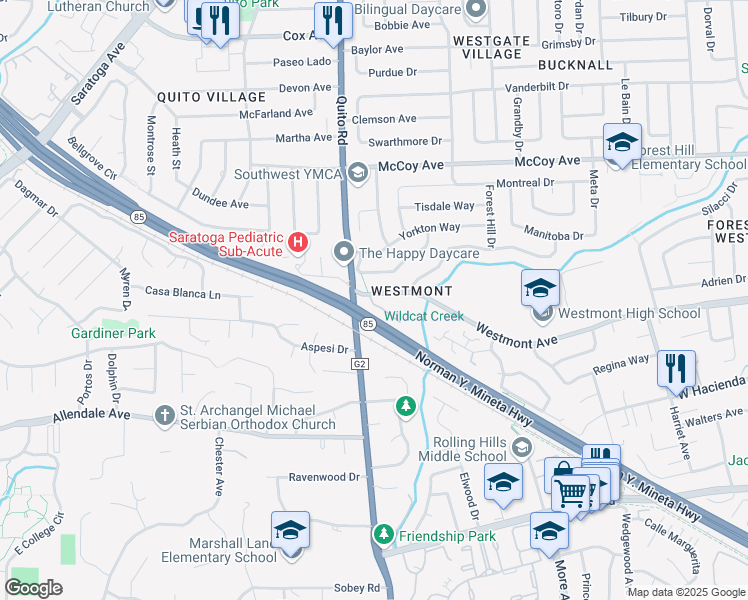 map of restaurants, bars, coffee shops, grocery stores, and more near 5283 Westmont Avenue in San Jose