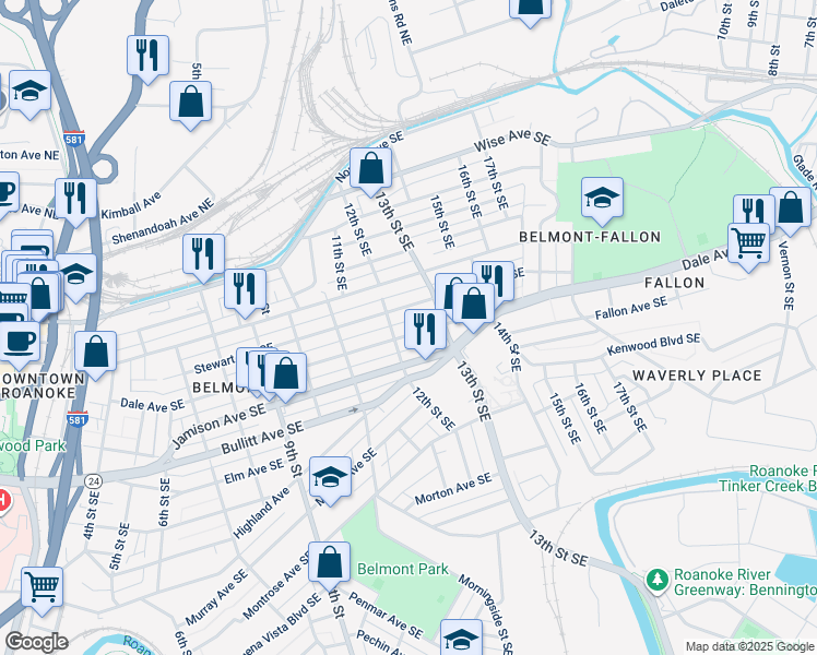 map of restaurants, bars, coffee shops, grocery stores, and more near 1227 Stewart Avenue Southeast in Roanoke