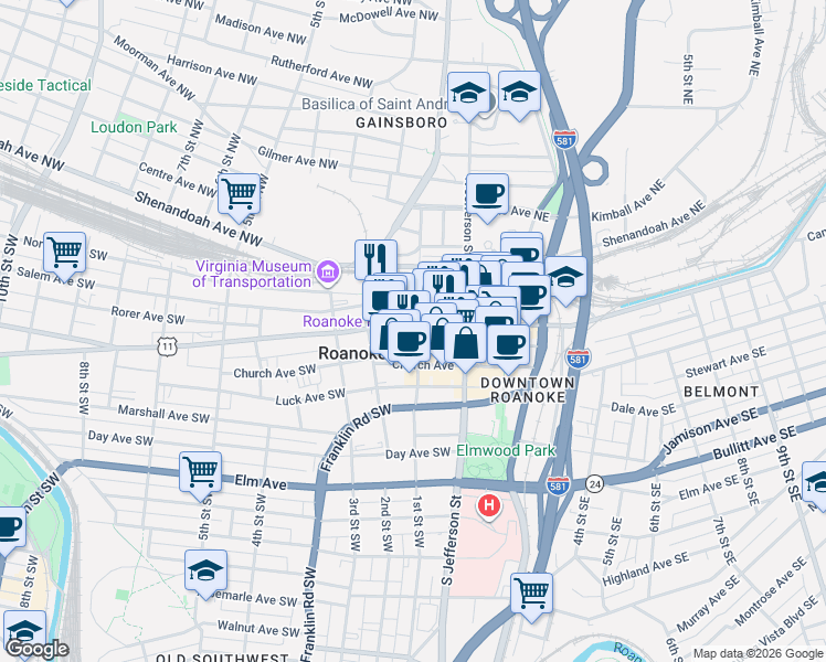 map of restaurants, bars, coffee shops, grocery stores, and more near 101 Campbell Avenue Southeast in Roanoke