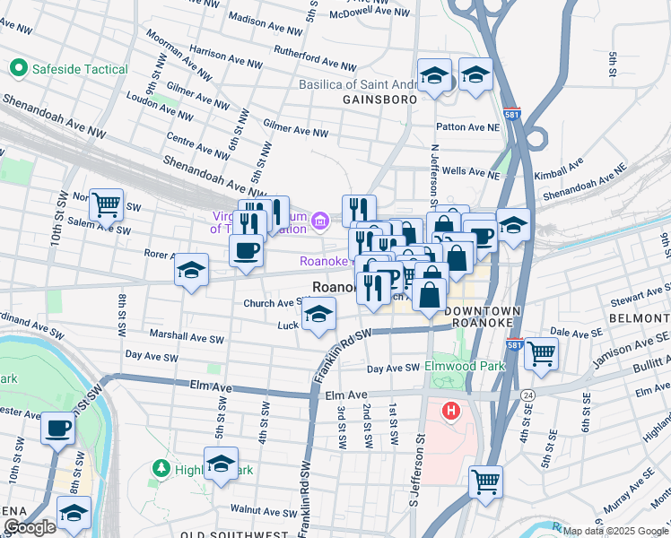 map of restaurants, bars, coffee shops, grocery stores, and more near 201-299 Campbell Avenue Southwest in Roanoke