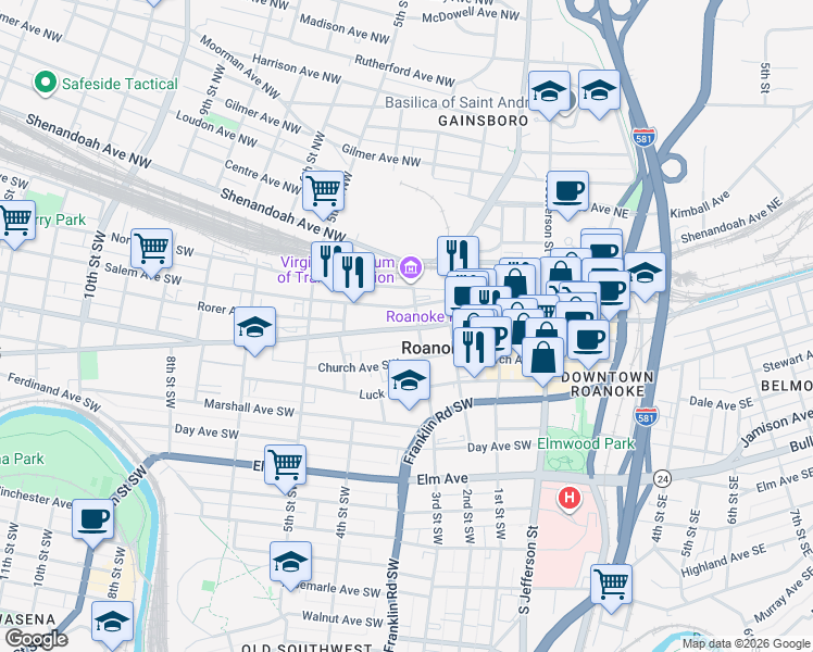 map of restaurants, bars, coffee shops, grocery stores, and more near 201-299 Campbell Avenue Southwest in Roanoke