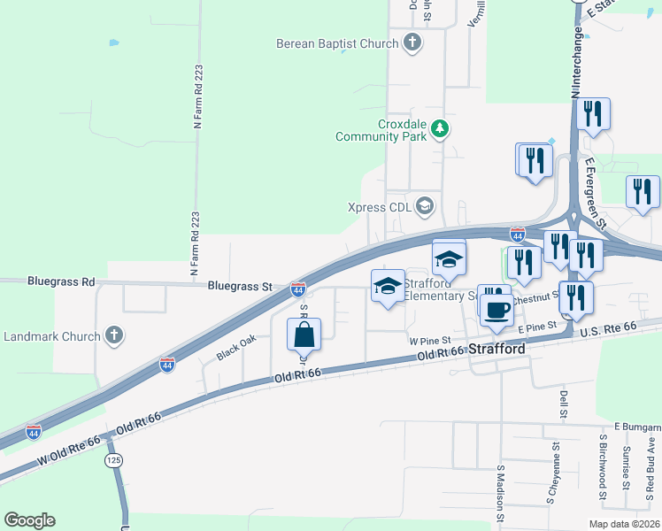 map of restaurants, bars, coffee shops, grocery stores, and more near 411 West Evergreen Street in Strafford