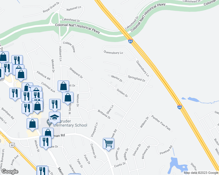 map of restaurants, bars, coffee shops, grocery stores, and more near 103 Mosel Court in Williamsburg