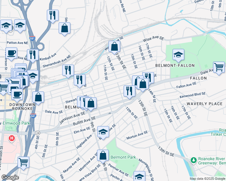 map of restaurants, bars, coffee shops, grocery stores, and more near 1115 Stewart Avenue Southeast in Roanoke