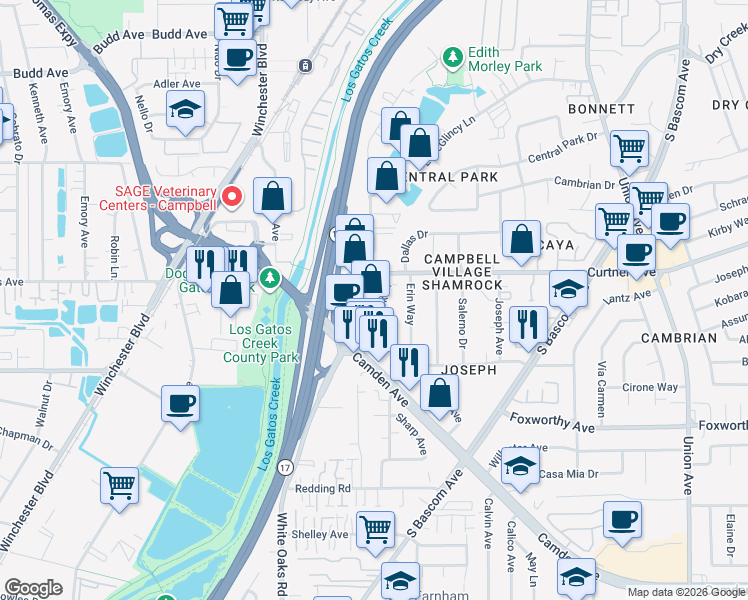 map of restaurants, bars, coffee shops, grocery stores, and more near 1061 Shamrock Drive in Campbell