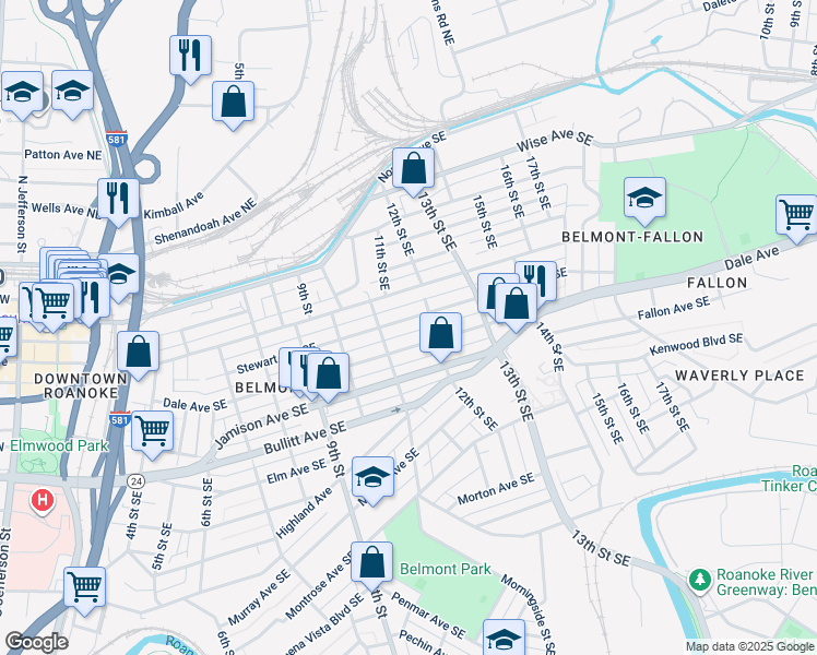 map of restaurants, bars, coffee shops, grocery stores, and more near 1115 Stewart Avenue Southeast in Roanoke