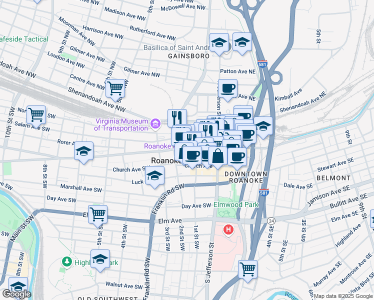 map of restaurants, bars, coffee shops, grocery stores, and more near 118 Campbell Avenue Southwest in Roanoke