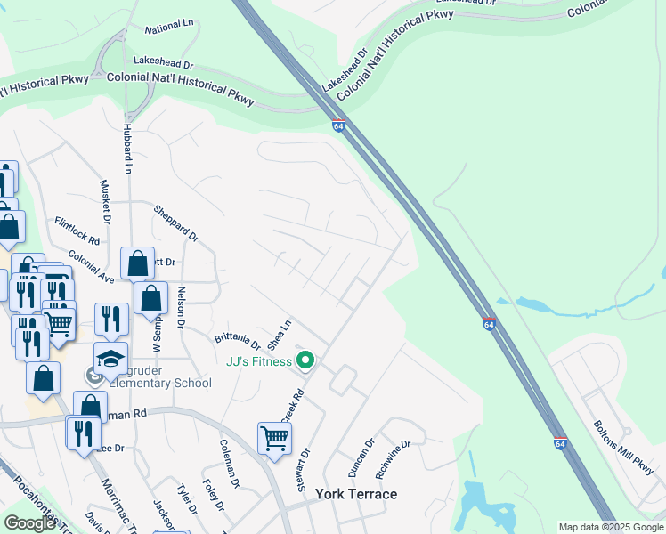 map of restaurants, bars, coffee shops, grocery stores, and more near 111 Chardonnay Road in Williamsburg