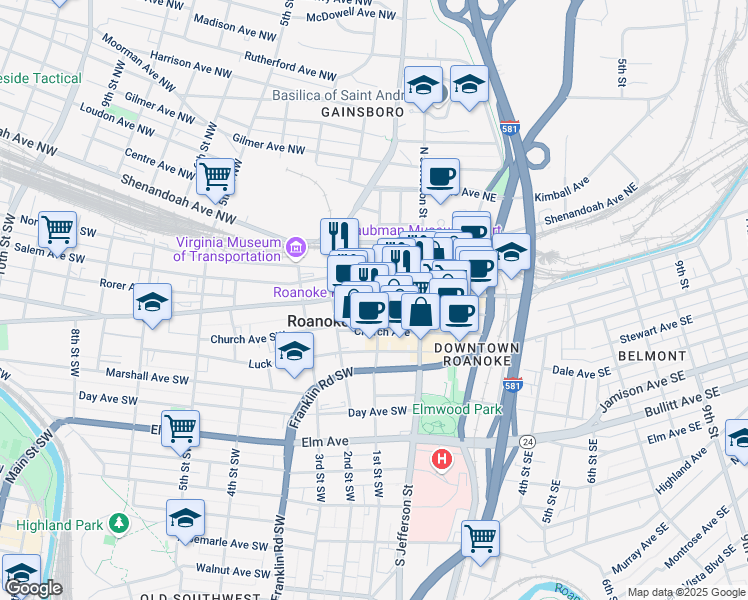 map of restaurants, bars, coffee shops, grocery stores, and more near 102 Campbell Avenue Southwest in Roanoke