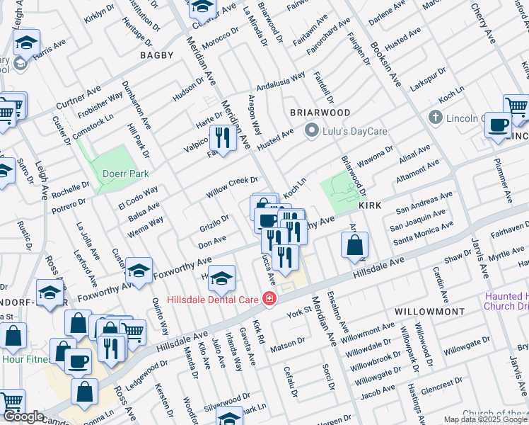 map of restaurants, bars, coffee shops, grocery stores, and more near 2881 Meridian Avenue in San Jose