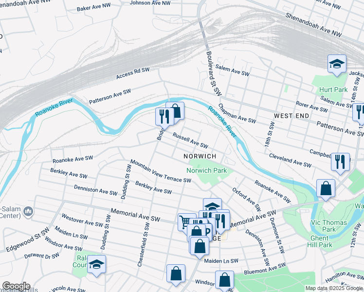map of restaurants, bars, coffee shops, grocery stores, and more near 2223 Roanoke Avenue Southwest in Roanoke