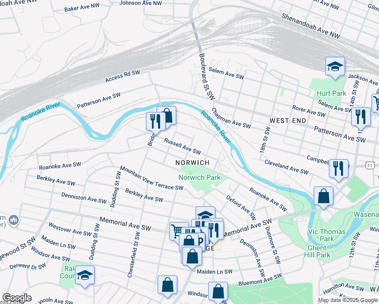 map of restaurants, bars, coffee shops, grocery stores, and more near 2130 Russell Avenue Southwest in Roanoke
