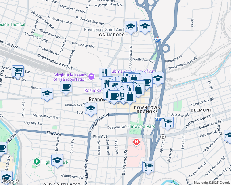map of restaurants, bars, coffee shops, grocery stores, and more near 102 Campbell Avenue Southwest in Roanoke