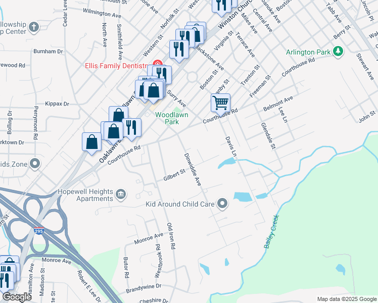 map of restaurants, bars, coffee shops, grocery stores, and more near 1403 Dinwiddie Avenue in Hopewell