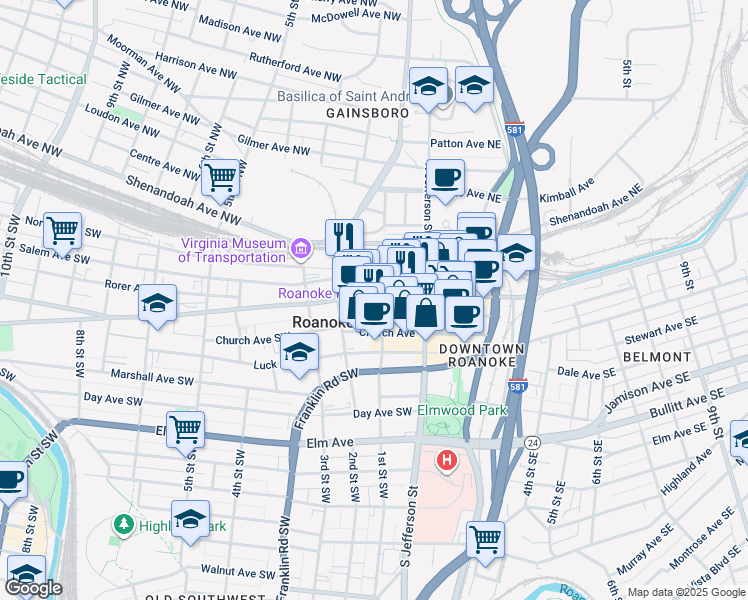 map of restaurants, bars, coffee shops, grocery stores, and more near 101 Campbell Avenue Southeast in Roanoke