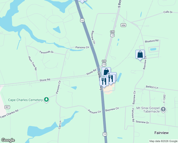 map of restaurants, bars, coffee shops, grocery stores, and more near 3387 Stone Road in Cape Charles