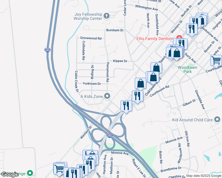 map of restaurants, bars, coffee shops, grocery stores, and more near 3811 Gloucester Drive in Hopewell