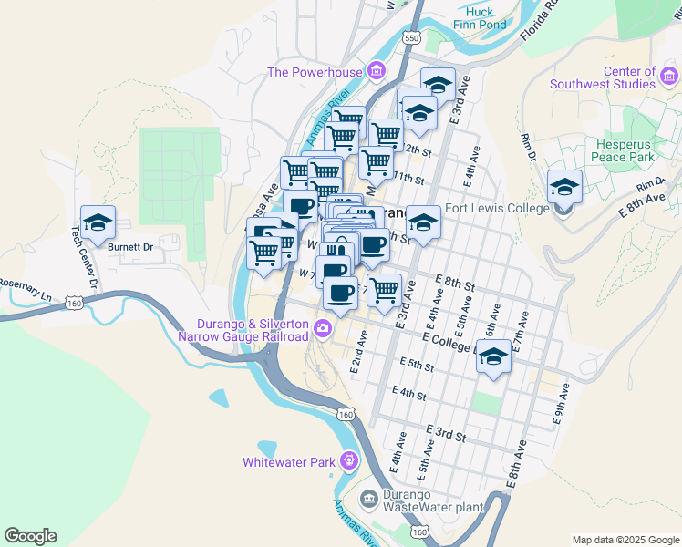 map of restaurants, bars, coffee shops, grocery stores, and more near 713 Main Avenue in Durango