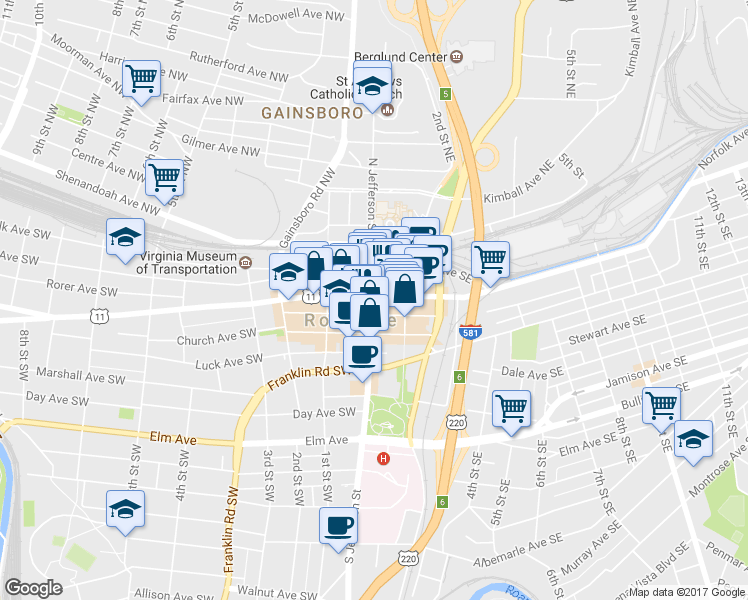 map of restaurants, bars, coffee shops, grocery stores, and more near 202 South Jefferson Street in Roanoke