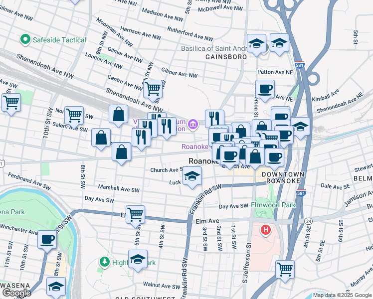 map of restaurants, bars, coffee shops, grocery stores, and more near 324 Salem Avenue Southwest in Roanoke
