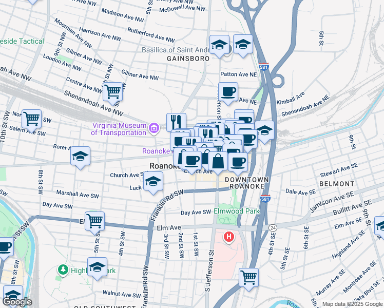 map of restaurants, bars, coffee shops, grocery stores, and more near 108 Campbell Avenue Southwest in Roanoke