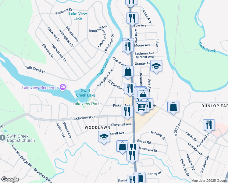 map of restaurants, bars, coffee shops, grocery stores, and more near 3126 Woodlawn Avenue in Colonial Heights