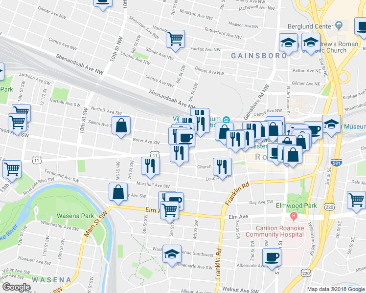 map of restaurants, bars, coffee shops, grocery stores, and more near 502 Rorer Avenue Southwest in Roanoke