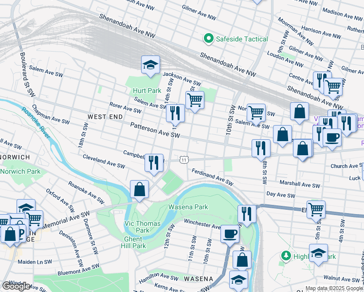 map of restaurants, bars, coffee shops, grocery stores, and more near 1130 Patterson Avenue Southwest in Roanoke